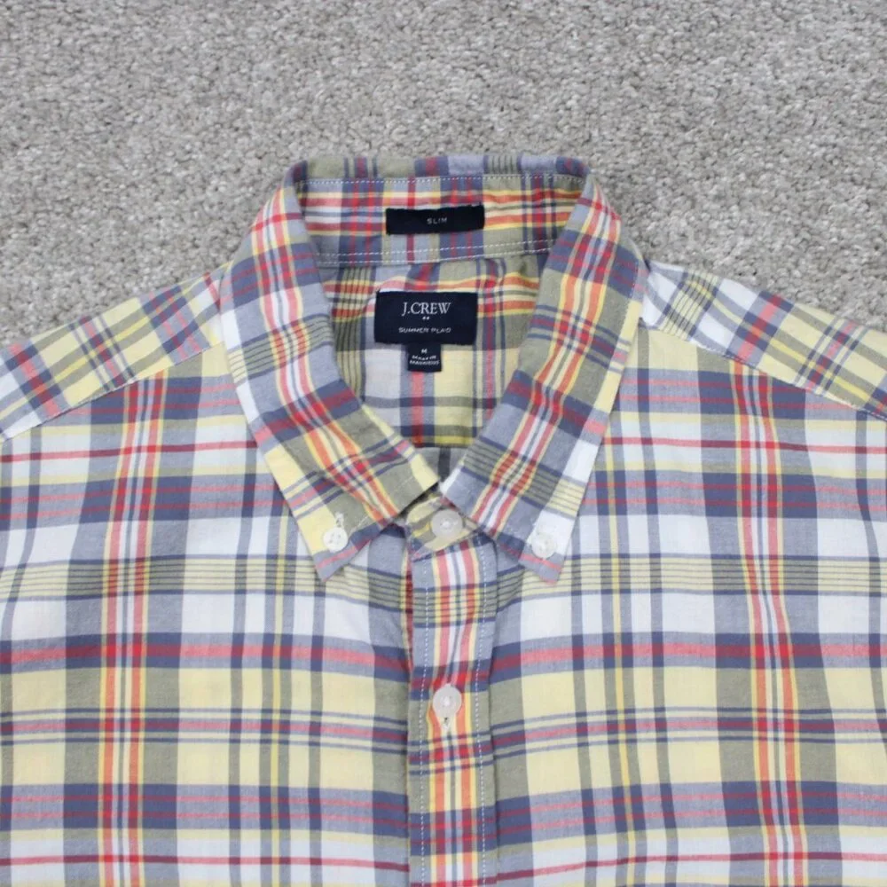 J Crew Summer Plaid Shirt Mens Medium Red/Blue/Yellow Slim Fit Cotton L/S Button